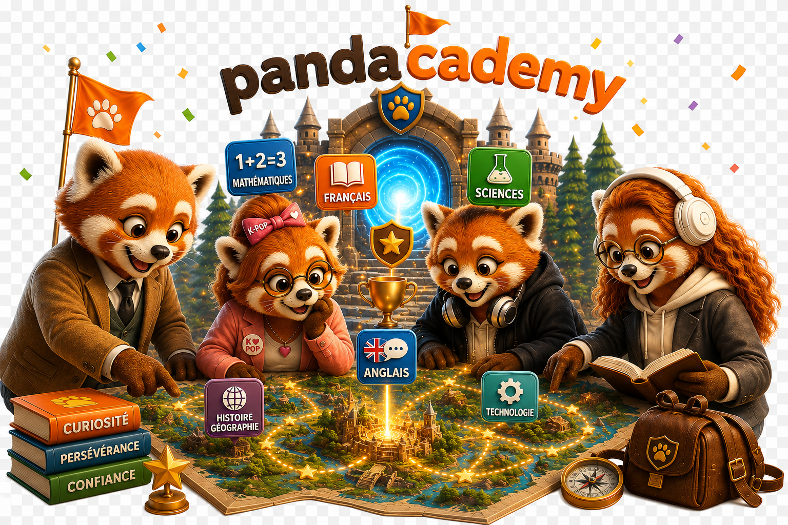 Les quatre mascottes de Pandacademy